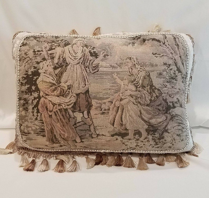Antique Tapestry Pillow Peasant Women Child Gray Tan Pink Etsy
