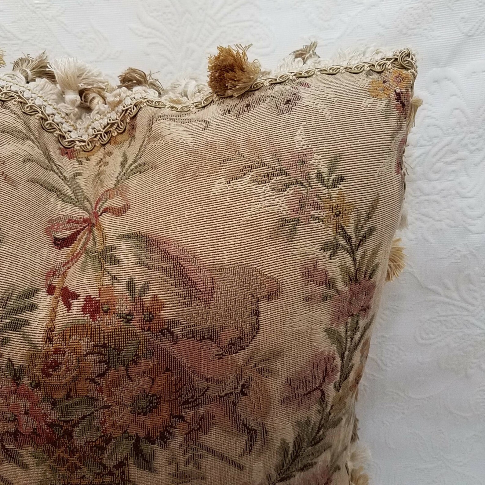 19th c. Antique Tapestry Pillow Birds Flowers Green Etsy