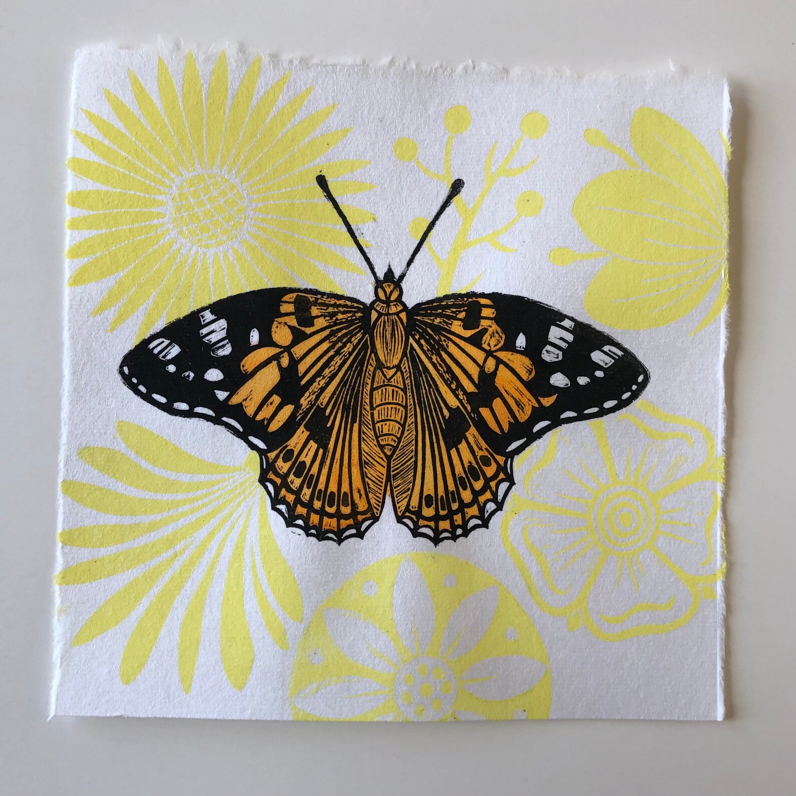Butterfly Linocut Print Handprinted Flowers Original Etsy