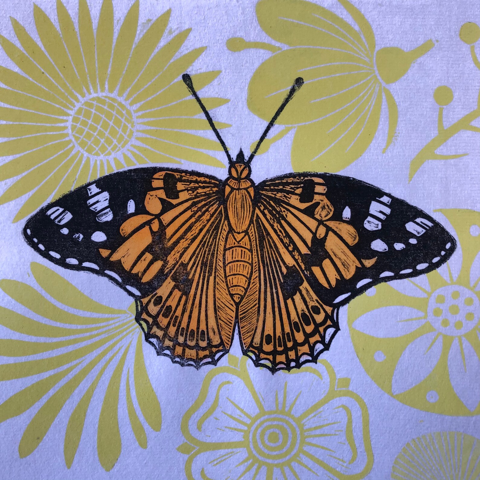 Butterfly Linocut Print Handprinted Flowers Original Etsy