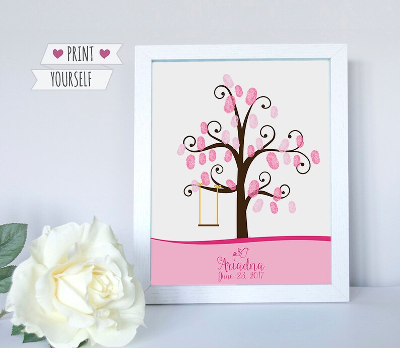 Fingerprint Tree Swing Printable Pdf Christening Baptism Guest Book Baby Shower First Holy Communion Ideas Thumbprint Print Art Dove