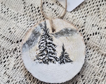 Hand Painted Snowy Landscape Wood Slice Ornament, Rustic Woodland Tree Decor