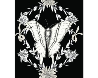 Moody Botanical Moth Art Print | Wildflower Nature Poster | Dark Academia Witchy Decor
