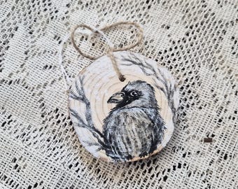 Hand Painted Crow Winter Wood Slice Ornament, Rustic Woodland Christmas Decor, Gothic Nature Holiday Ornament, Black Crow Forest Gift