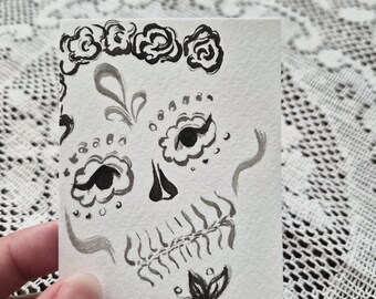 Original Sugar Skull ATC, Loose Ink Painting, Día de los Muertos Art, Gothic Folk Miniature