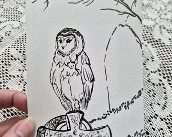 Original Owl Cemetery Ink Painting, Gothic Woodland Art, Dark Cottagecore Wall Decor