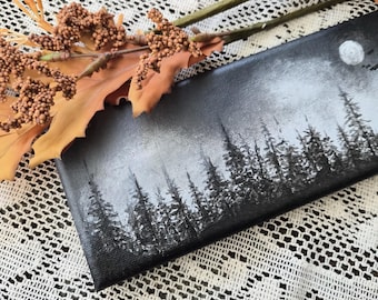 Original Dark Forest Acrylic Painting, Moonlit Woodland Art, Gothic Bats (3x9" Canvas)