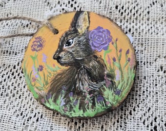 Hand Painted Wild Rabbit Wood Slice Ornament, Woodland Spring Floral Decor