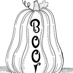 May include: Black and white line drawing of a pumpkin with the word "BOO" vertically displayed on the front. The pumpkin has a stem, a curly vine, and is resting on a textured surface. A Halloween-themed illustration.