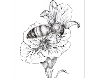 Sweet Bee Spring Flowers Ink Drawing Print | Boho Nature Wall Art