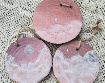 Hand-Painted Pink Moon Wood Slice Ornaments – Set of 3, Lunar Phases Cottagecore Decor