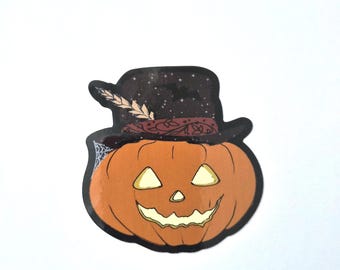 Gothic Jack O Lantern Top Hat Sticker, Spooky Halloween Pumpkin Vinyl Decal (3"x3")
