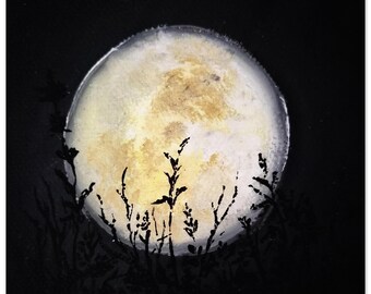 Glowing Full Moon Art Print | Acrylic Night Sky Painting, Matte Paper