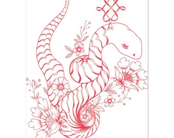 Year of the Snake Poster – Red Floral Lunar New Year Wall Art Print