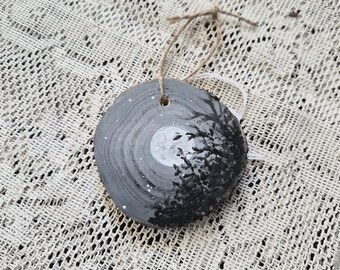 Hand-Painted Moonlit Tree Wood Slice Ornament, Rustic Woodland Christmas Decor