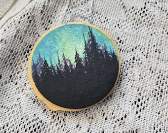 Hand Painted Aurora Borealis Wood Slice Ornament, Northern Lights Forest Tree Decor