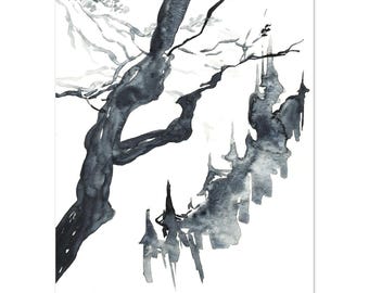 Haunted Castle Watercolor Print | Gothic Halloween Wall Art, Spooky Decor