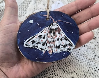 Hand Painted Moth Wood Slice Ornament, Woodland Nature Decor, Luna Moth Art