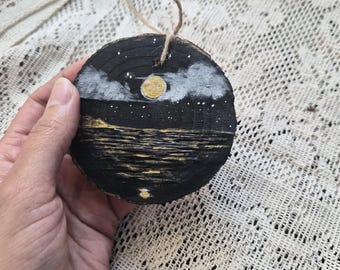 Hand Painted Golden Full Moon Ocean Wood Slice Ornament, Rustic Coastal Holiday Decor