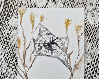 Original Autumn Spiderweb Painting, Expressive Field Landscape, Woodland Nature Decor