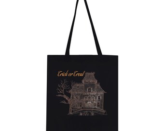 Haunted House Halloween Tote, Spooky Trick or Treat Canvas, 10L Cotton Grocery Bag