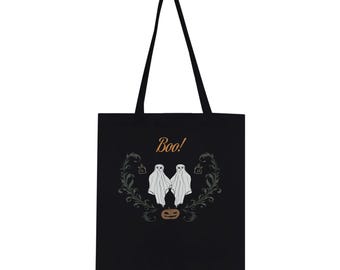 Ghost Friends Halloween Tote Bag, Spooky Reusable Cotton Canvas Shopping Bag