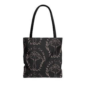 Gothic Lunar Moth Moon phase Patterned Tote Bag - Mystical Witch Style Carryall