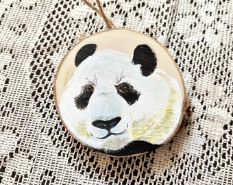 Hand Painted Panda Wood Slice Ornament, Panda Christmas Ornament, Woodland Animal Decor, Wildlife Gift, Nature Lover Gift