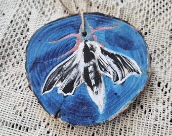 Hand Painted Moth Wood Slice Ornament, Rustic Woodland Nature Decor