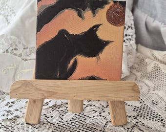 Black Cat Blood Moon Painting, Gothic Miniature Canvas Art, Original Night Landscape, Witchy Decor, Dark Cottagecore Art