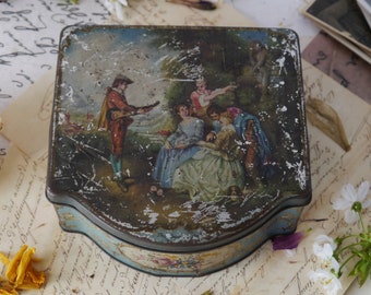 Small Vintage Tin with Picture Lid and Floral Sides
