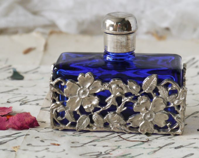 Featured listing image: Blue Vintage Perfume Bottle with Filigree Casting
