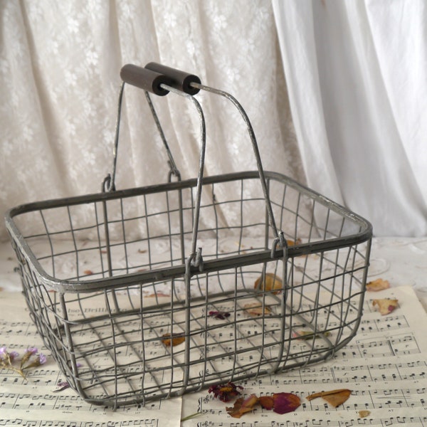 Vintage Wire Storage Basket with Wooden Handles