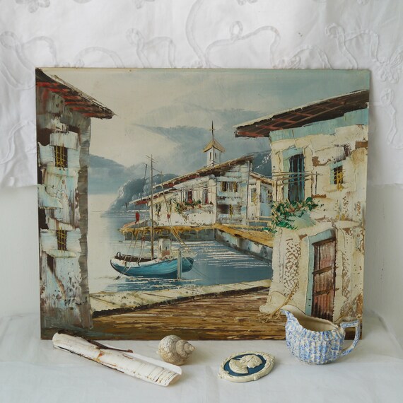 Vintage Oil Painting on Board Fishing Port Scene