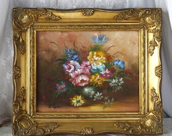 Peinture florale vintage à l'huile sur toile encadrée