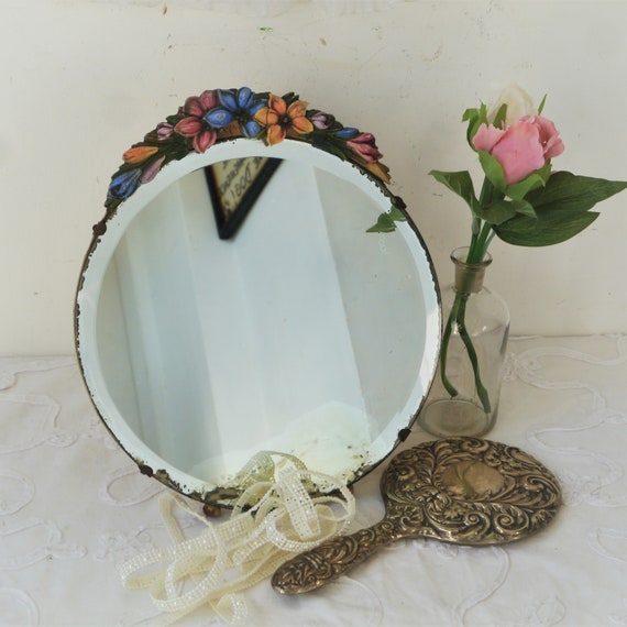 Vintage Round Barbola Mirror with Decorative Flowers