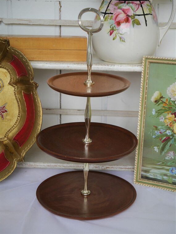 Mid Century Three Tier Cake Stand Vintage Wooden Afternoon Tea