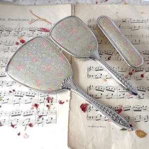 Vintage Mirror and Brushes Set with Fabric Backs