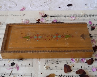 Vintage Wooden Pencil Box with Handpainted Pattern