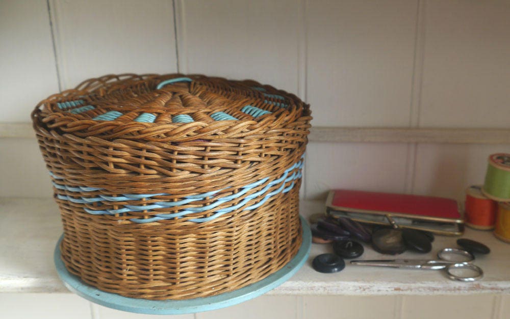 Vintage Sewing Basket a Round Wicker Basket with Padded Lid Etsy