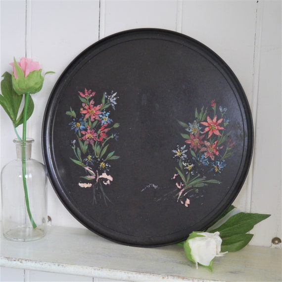 Vintage Tray, Bakelite tray Handpainted with Floral Design, Brown Tray with Handpainted Flowers, Round Decorative Tray