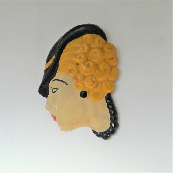 Art Deco Ladies Face Wall Hanging, Vintage Plaster Ladies Face, Wall Plaque, Vintage Wall Art