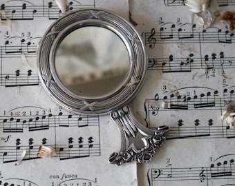 Mini miroir à main vintage en métal argenté