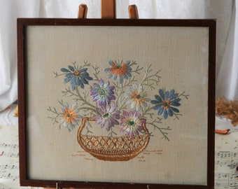 Small Framed Vintage Embroidered Flower Picture