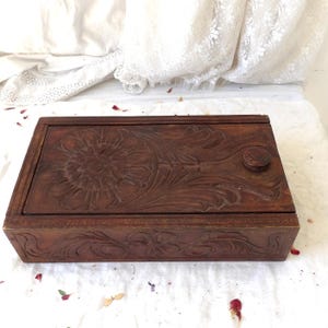 Carved Vintage Wooden Box with Slide Lid and Fabric Lining