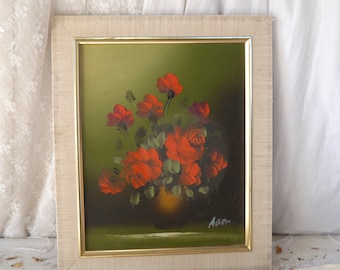 Petite peinture à l'huile rose vintage encadrée