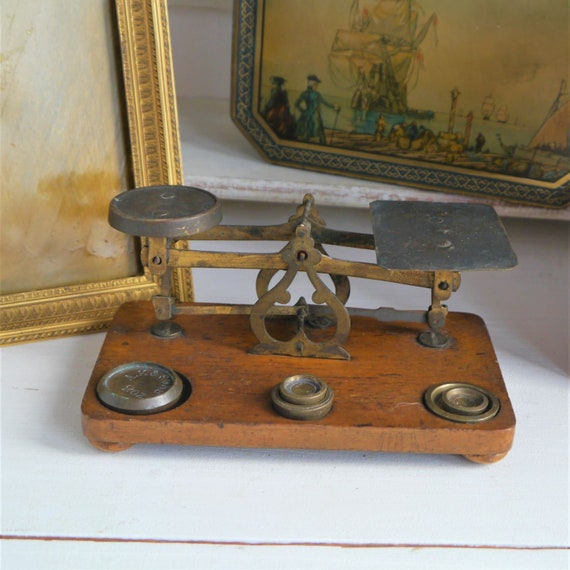 Vintage Wood and Brass Postage Scales, Antique Brass Scales, Vintage Office Decor