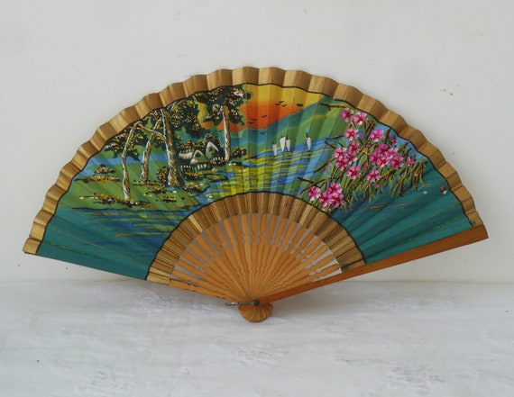 Vintage Hand Painted Paper and Wood Fan