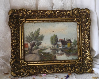 Vintage Framed Country River Painting