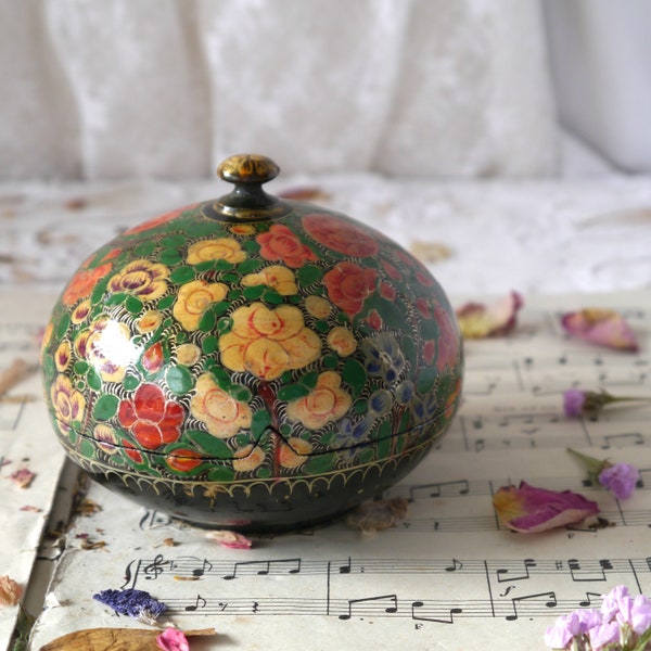 Vintage Floral Painted Paper Mache Box